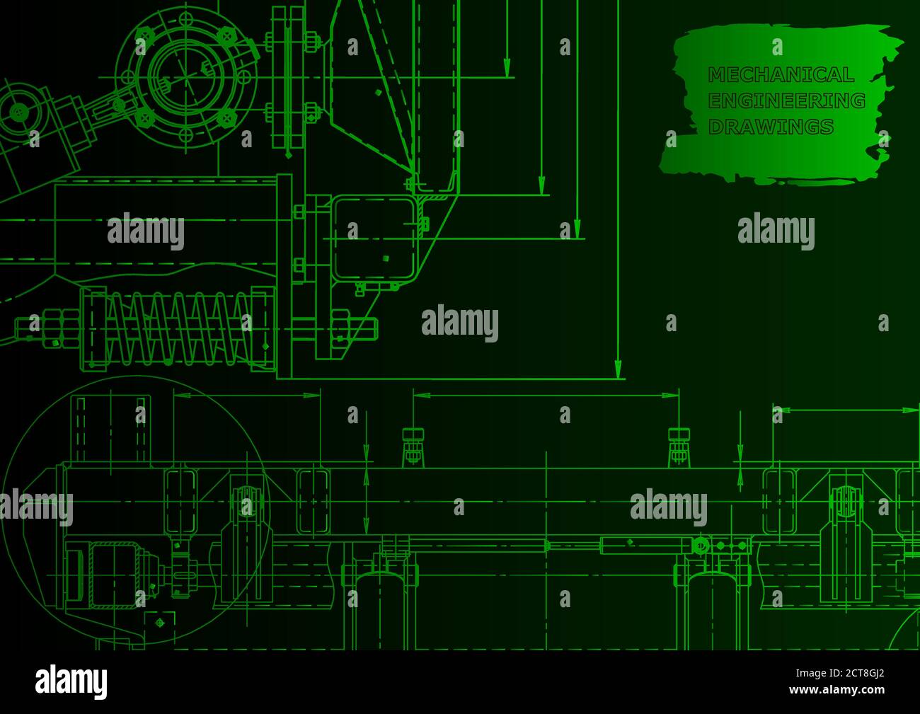 Mechanical instrument making. Technical illustration. Vector. Green neon Stock Vector