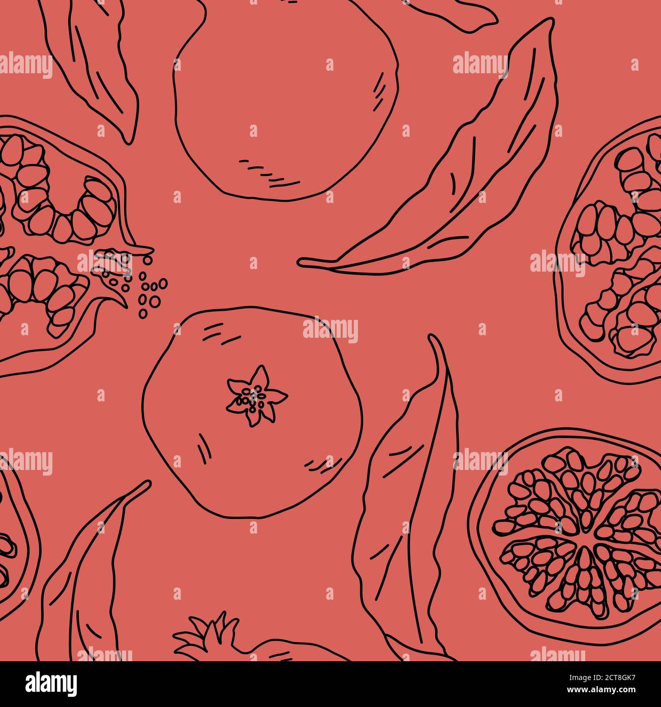 Black line pomegranate on pink backdrop. Healthy food seamless pattern for wrap paper, sleeper, bath tile, apparel or bed linen. Phone case or cloth p Stock Vector