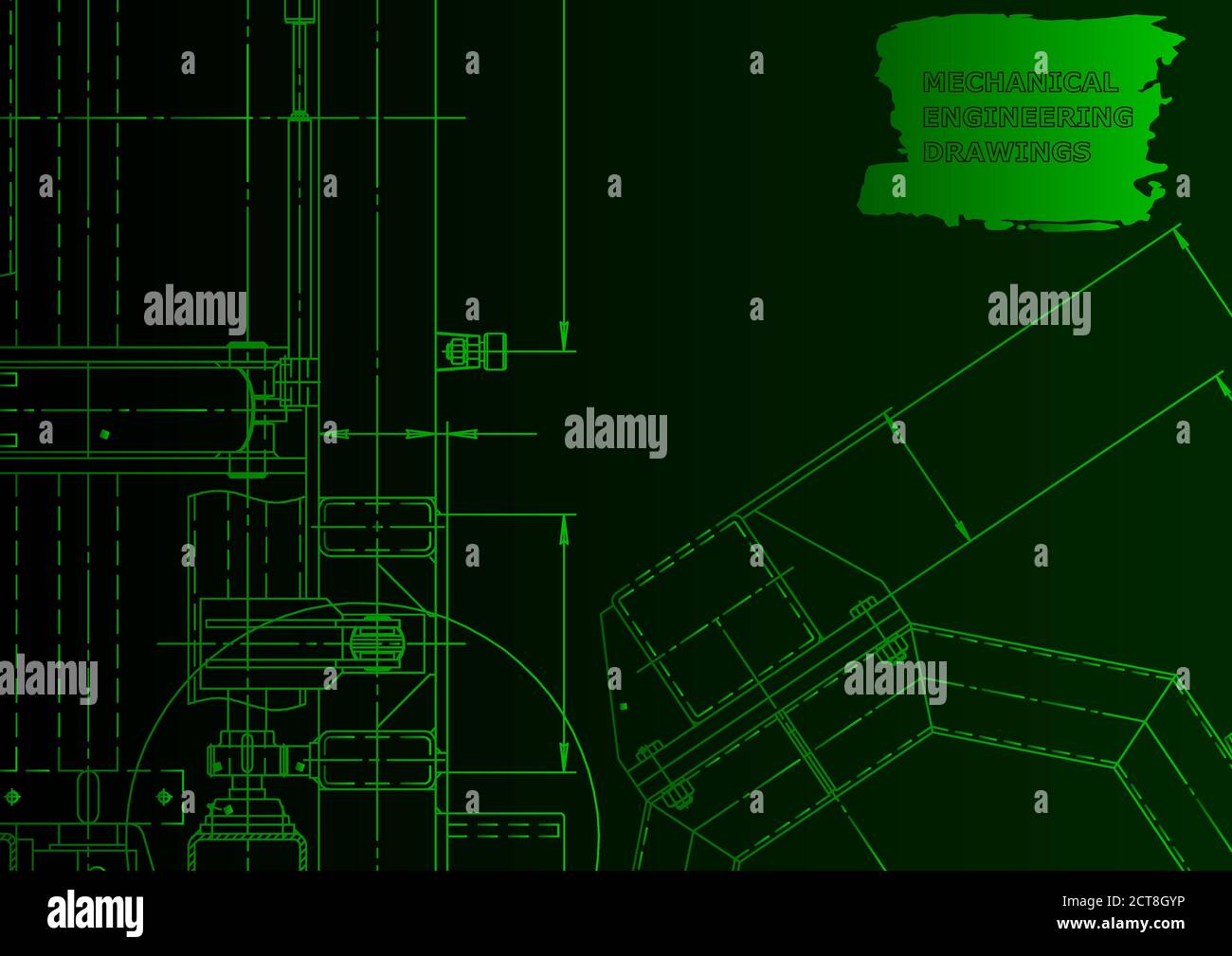Technical. Mechanical instrument making. Green neon Stock Vector