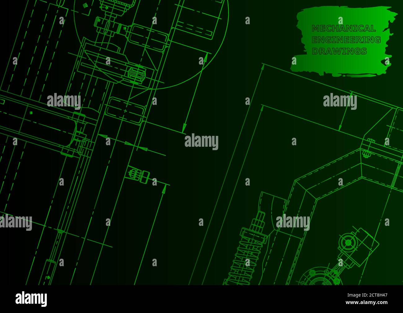 Sketch. Vector engineering illustration. Instrument-makin. Green neon Stock Vector