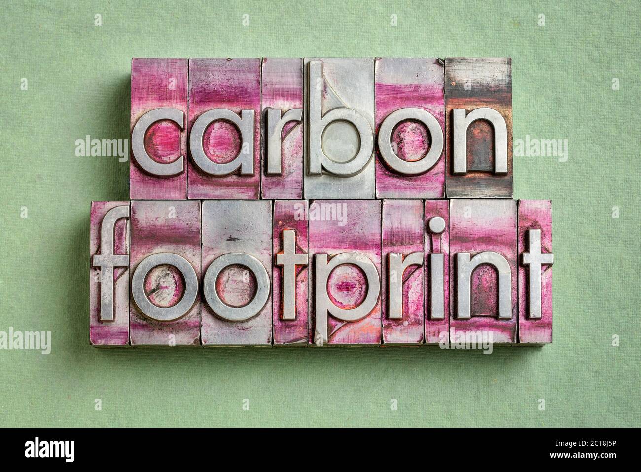 carbon footprint word abstract in gritty vintage letterpress metal types, environmental concept Stock Photo
