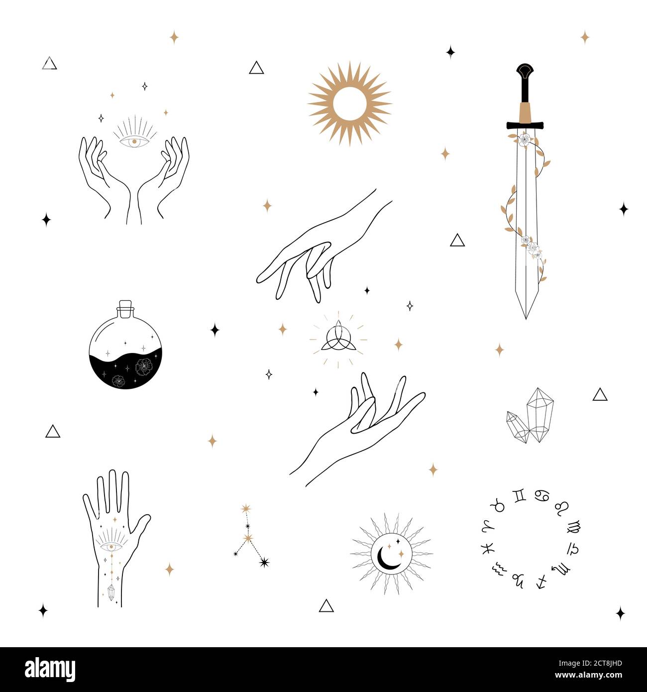 Vector witch magic design elements set. Hand drawn, doodle, sketch magician collection. Witchcraft symbols. Perfect for logo, tattoo, textile, cards Stock Vector