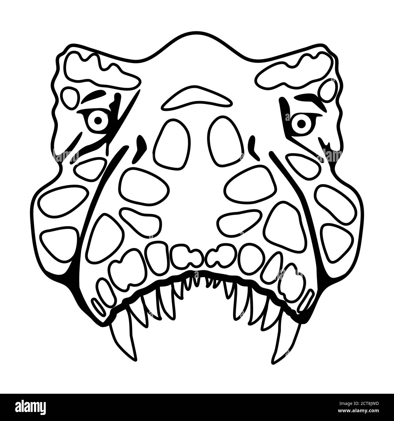 Tyrannosaur head on white isolated backdrop. T-rex dino for gift card, social network logo, bath tile, color book, kids notebook. Phone case or cloth Stock Vector