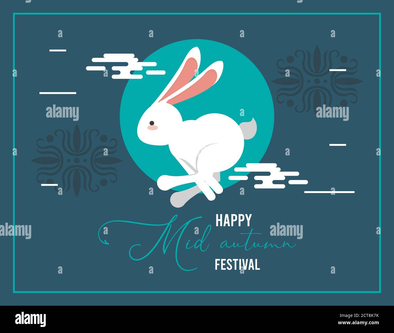 happy mid autumn lettering card with rabbit jump and moon vector ...