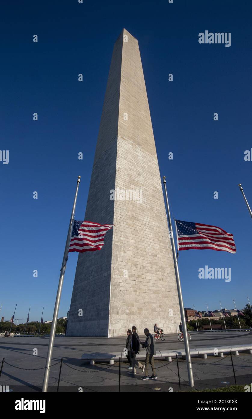 Washington, United States. 21st Sep, 2020. Flags are at half mast at the Washington Monument in honor of Supreme Court Justice Ruth Bader Ginsburg on Monday, September 21, 2020 in Washington, DC. Ginsburg died on Saturday, September 19th and will lie in state at the U.S. Capitol on Friday, September 25, 2020. Photo by Pat Benic/UPI Credit: UPI/Alamy Live News Stock Photo