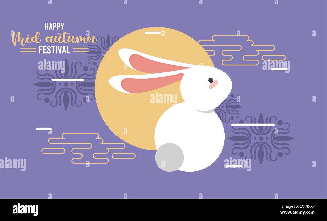 happy mid autumn lettering card with rabbit and moon vector ...