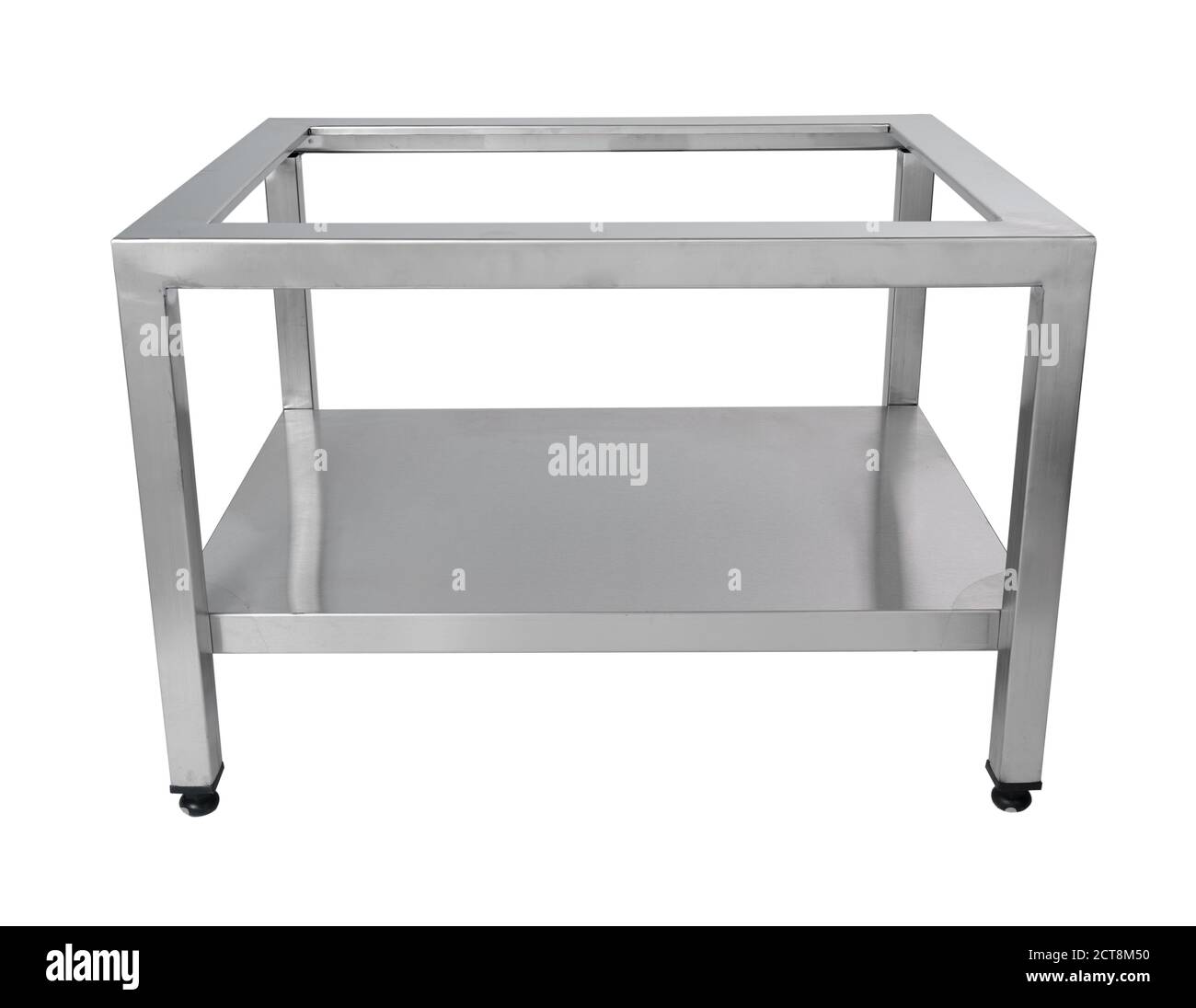 Metal industrial kitchen shelf of stainless steel isolated on white