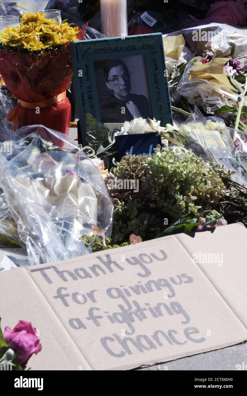 Washington, United States. 21st Sep, 2020. A picture of Ruth Bader the late Supreme Court Justice during a vigil.Dozens of people lay flowers and pay respects for the death of the US Supreme Court of Justice Ruth Bader Ginsburg. Credit: SOPA Images Limited/Alamy Live News Stock Photo
