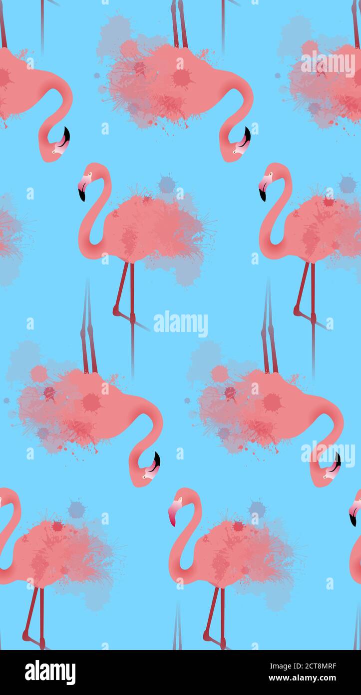 Seamless texture of pink flamingos with watercolor splashes on a blue ...
