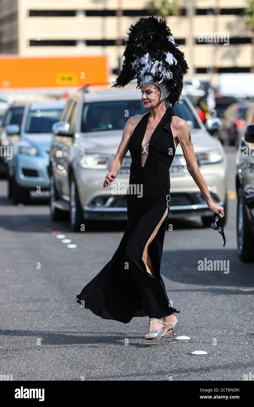 Las Vegas, NV, USA. 21st Sep, 2020. Las Vegas performer Troy Stern walks across the street in front of Allegiant Stadium prior to the start of the Monday Night football game featuring the New Orleans Saints and the Las Vegas Raiders in Las Vegas, NV. Christopher Trim/CSM/Alamy Live News Stock Photo
