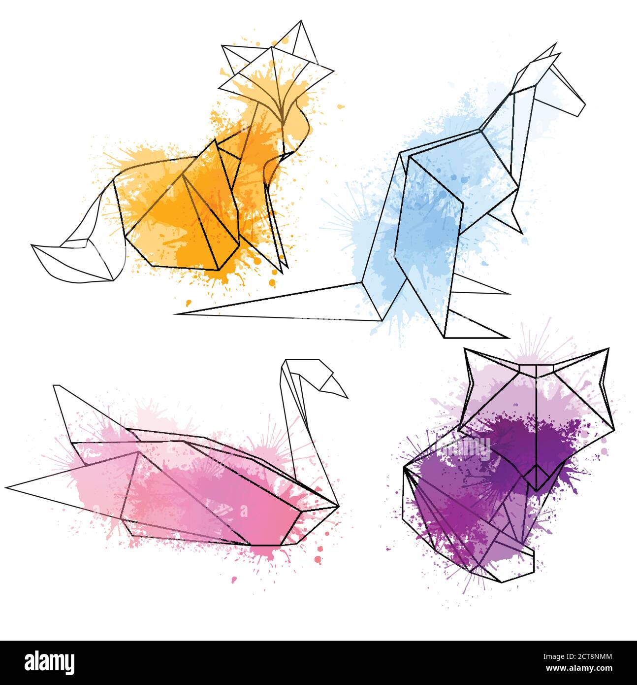 Set of polygonal contour animals with watercolor splashes. Vector elements for your design Stock Vector