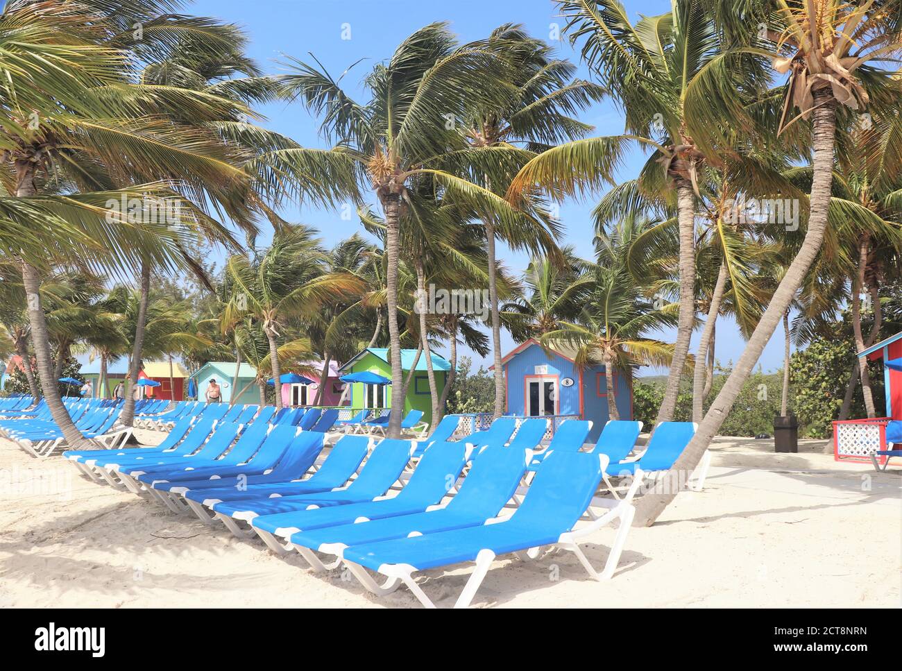 Colorful cabanas and lounge chairs on the beach in Princess Cays Stock Photo