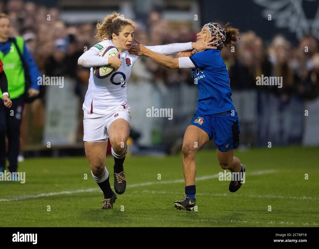 Abby Dow hands off an Italian tackle. England Women v Italy. Goldington Road, Bedford.   PHOTO CREDIT  : © MARK PAIN / ALAMY STOCK PHO Stock Photo