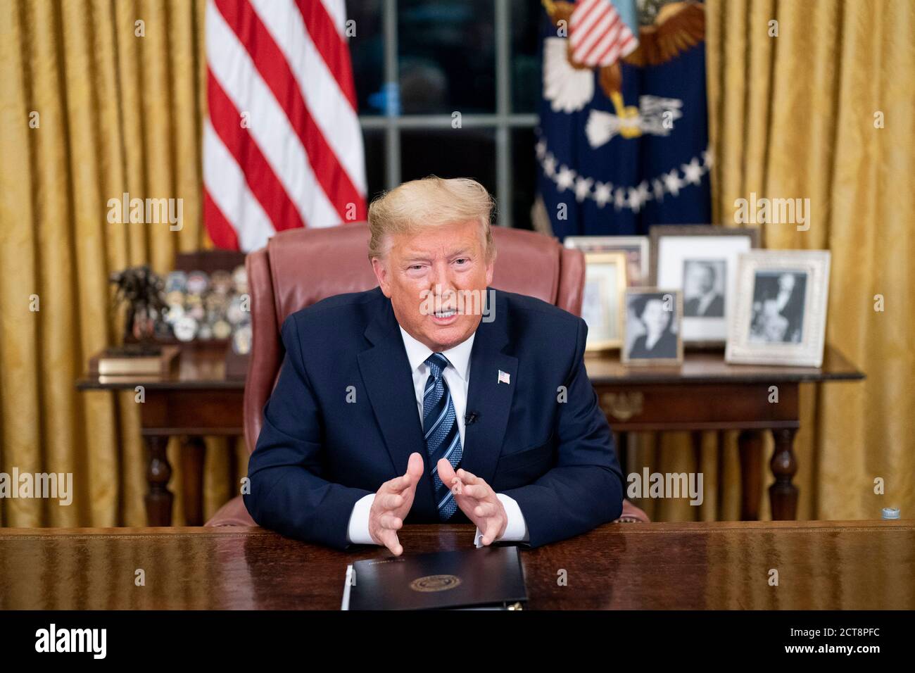 WASHINGTON DC,USA- 11 March 2020 - President Donald J Trump addresses the nation from the Oval Office of the White House Wednesday evening, March 11, Stock Photo