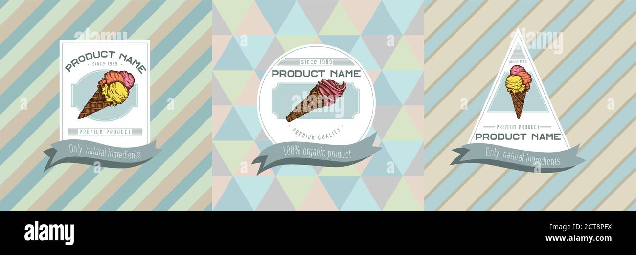 Three colored labels with illustration of ice cream cones Stock Vector