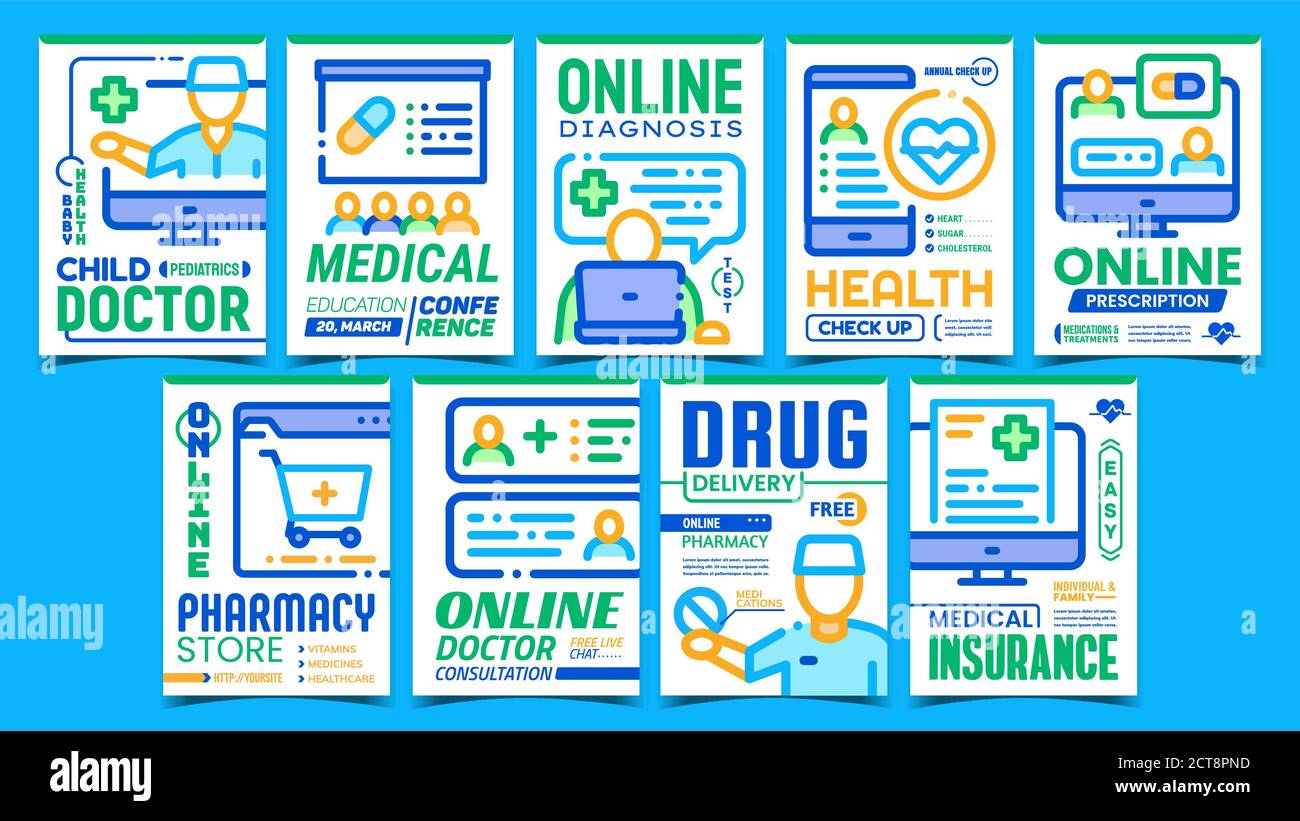 Online Doctor Aid Advertising Posters Set Vector Stock Vector