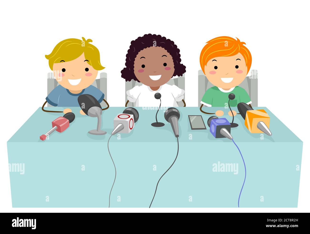 Illustration of Stickman Kids Press Conference with Microphones Stock