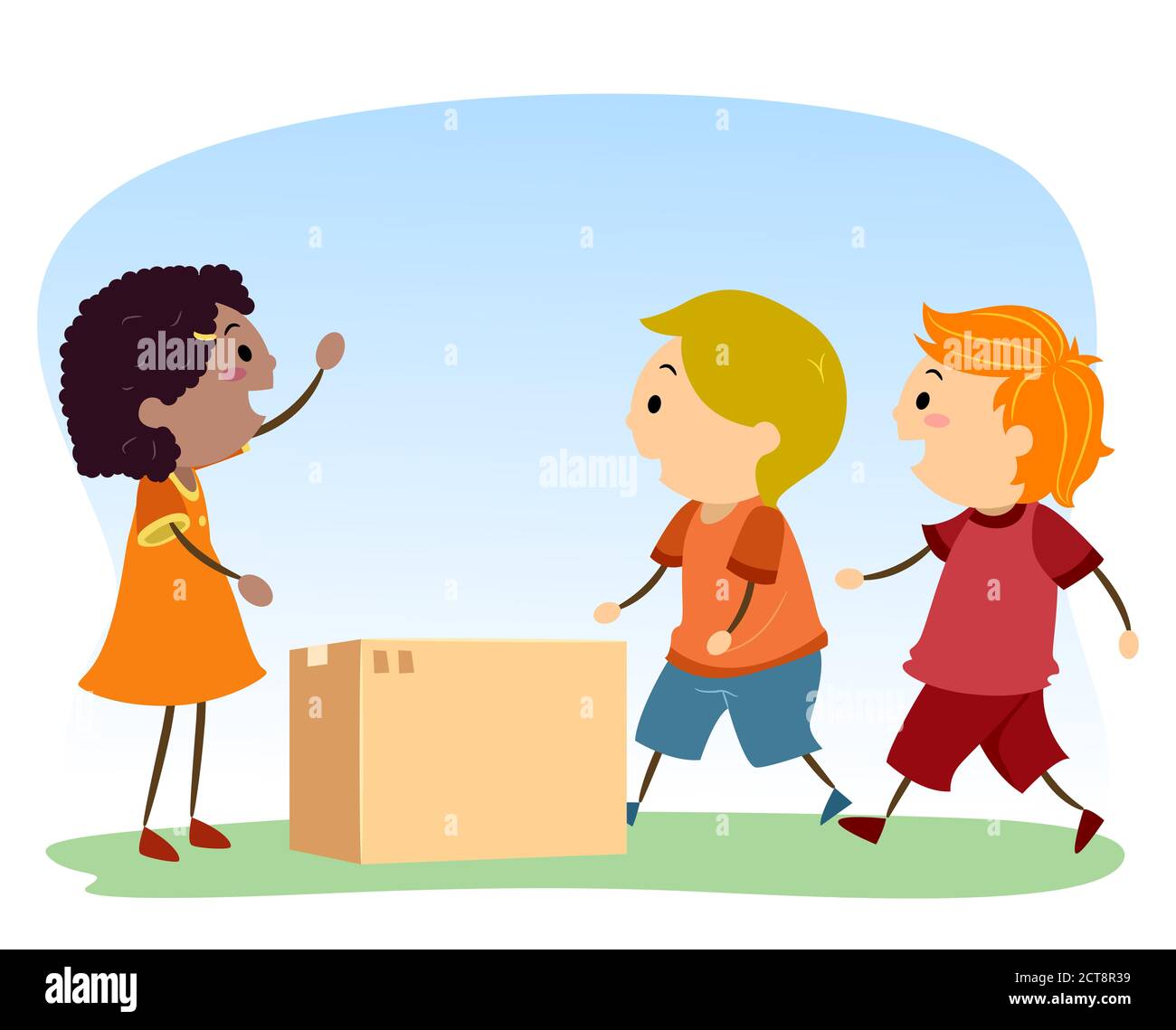 Illustration Of Stickman Kids Helping Another Kid Asking For Help Moving The Box Stock Photo Alamy