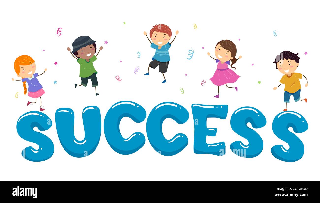 Illustration of Stickman Kids Jumping with Confetti over Success Lettering Stock Photo