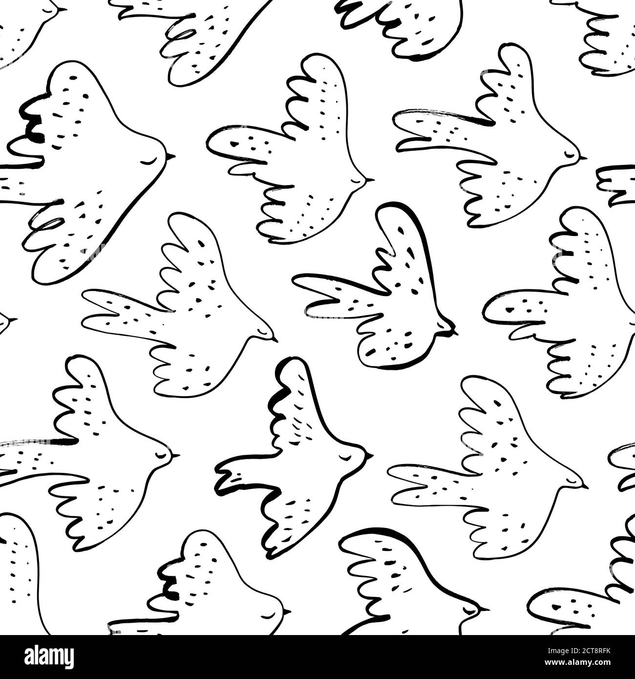 Seamless vector doodle pattern with black birds. Stock Vector