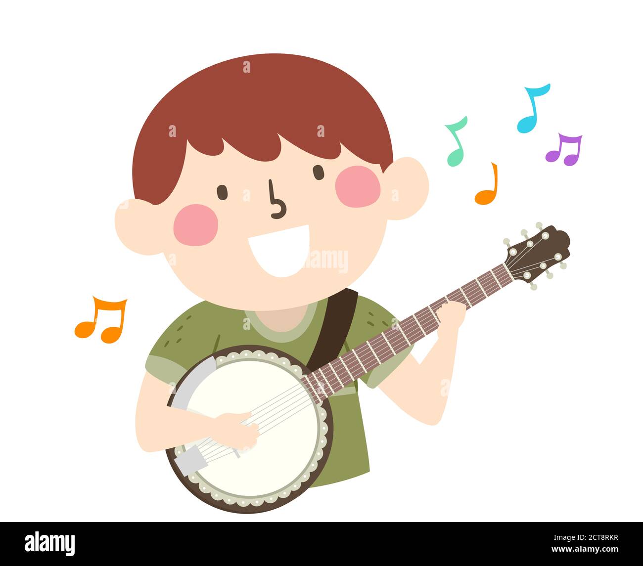 Illustration of a Kid Boy Playing the Banjo with Music Notes Stock