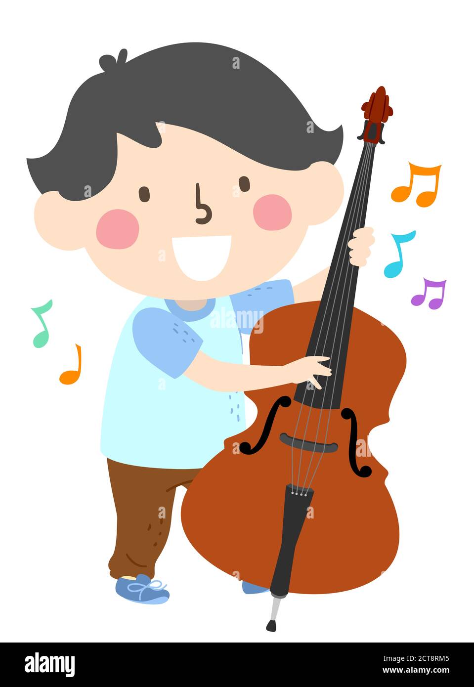 Illustration of a Kid Boy Playing Upright Bass with Music Notes Stock Photo