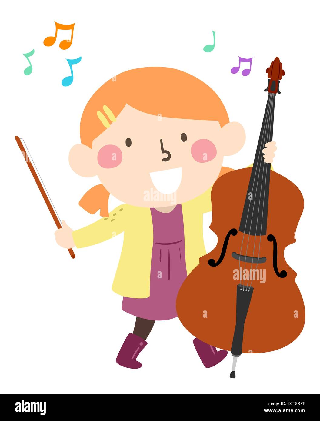 Illustration of a Kid Girl Playing and Learning Upright Bass with Music Notes Stock Photo