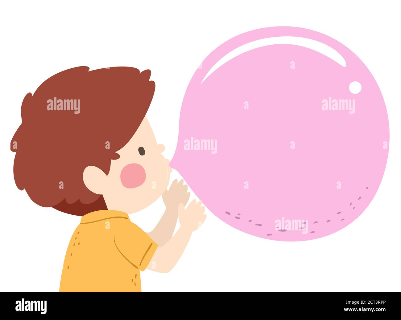 Illustration of a Kid Boy Blowing a Big Pink Bubble Gum, Childhood