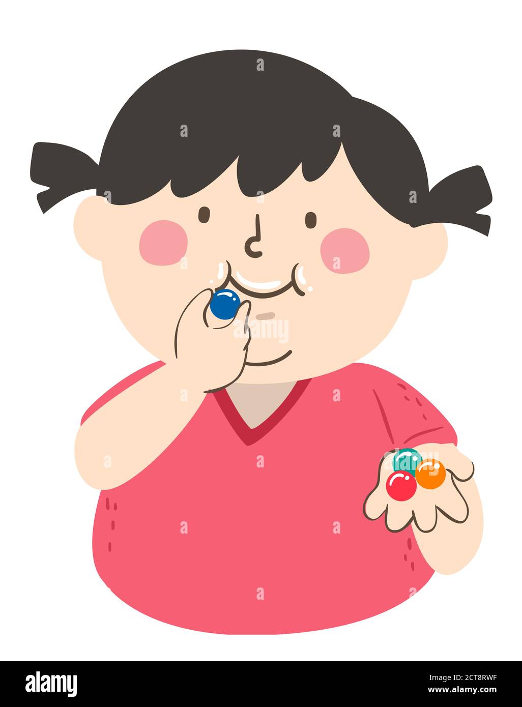 Illustration of a Fat Kid Girl Chewing Bubble Gum Balls with a Few on Her Hands Stock Photo