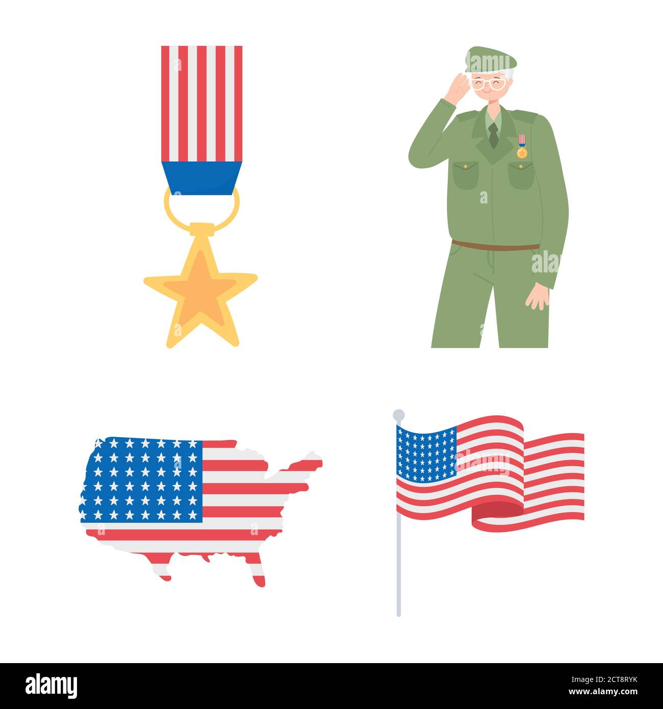 happy veterans day, medal soldier map and american flag icons vector illustration Stock Vector