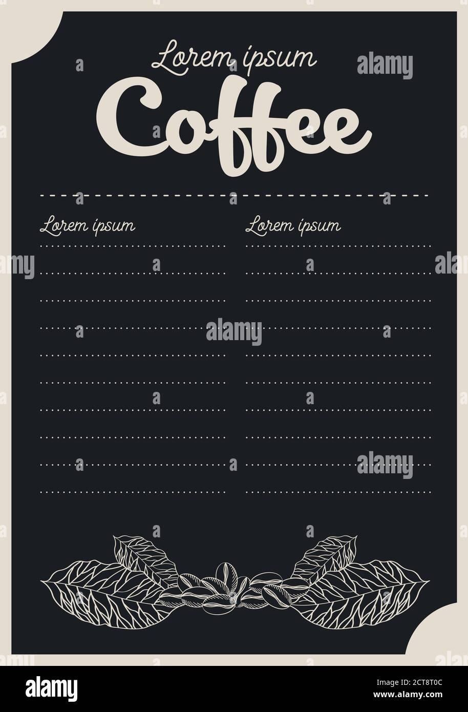 black coffee menu card with leaves and beans design of time drink
