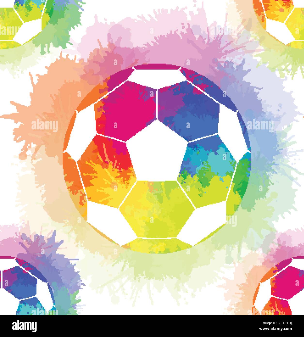 Seamless pattern with white soccer balls with watercolor rainbow spray. Vector texture for wallpaper, wrapper, backgrounds and your creativity Stock Vector