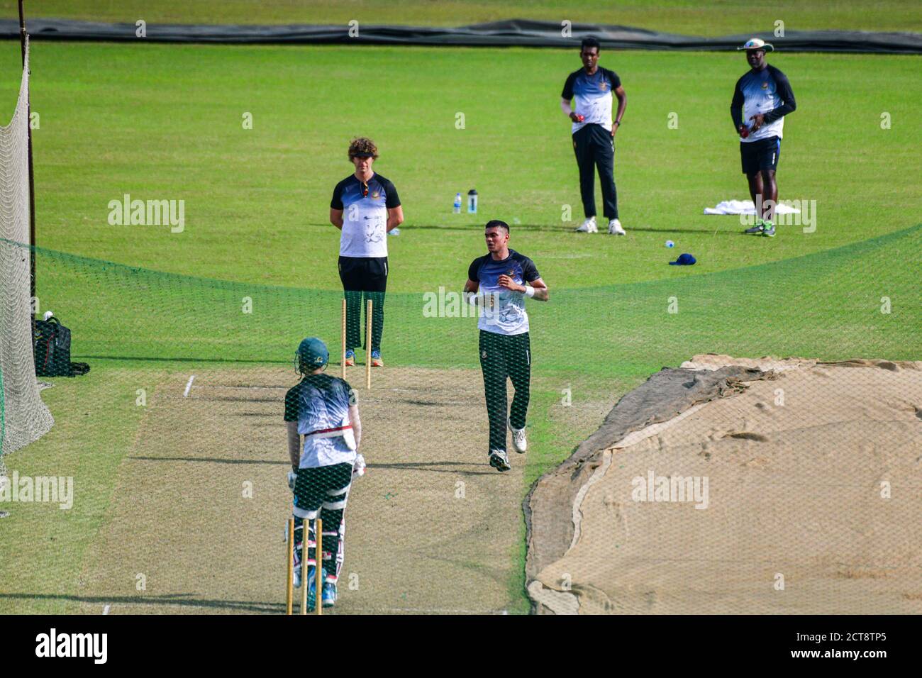 Dhaka, Bangladesh. 21st Sep, 2020. Bangladesh National Cricket team players in action during practice session at Sher-e-Bangla National Cricket Stadium in Dhaka.Bangladesh is likely to play two tests in Kandy and the third in Colombo, with the side tour Sri Lanka this month. A tentative fixture has been chalked by the Bangladesh Cricket Board and Sri Lanka Cricket which will be revealed ahead of the series. Credit: SOPA Images Limited/Alamy Live News Stock Photo