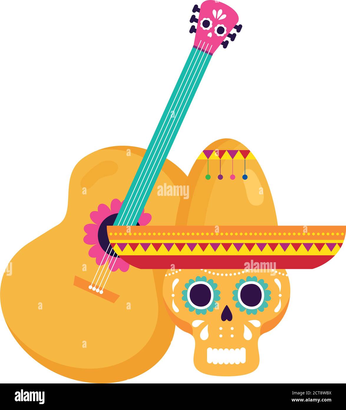 yellow mexican skull with hat and guitar, on white background Stock ...