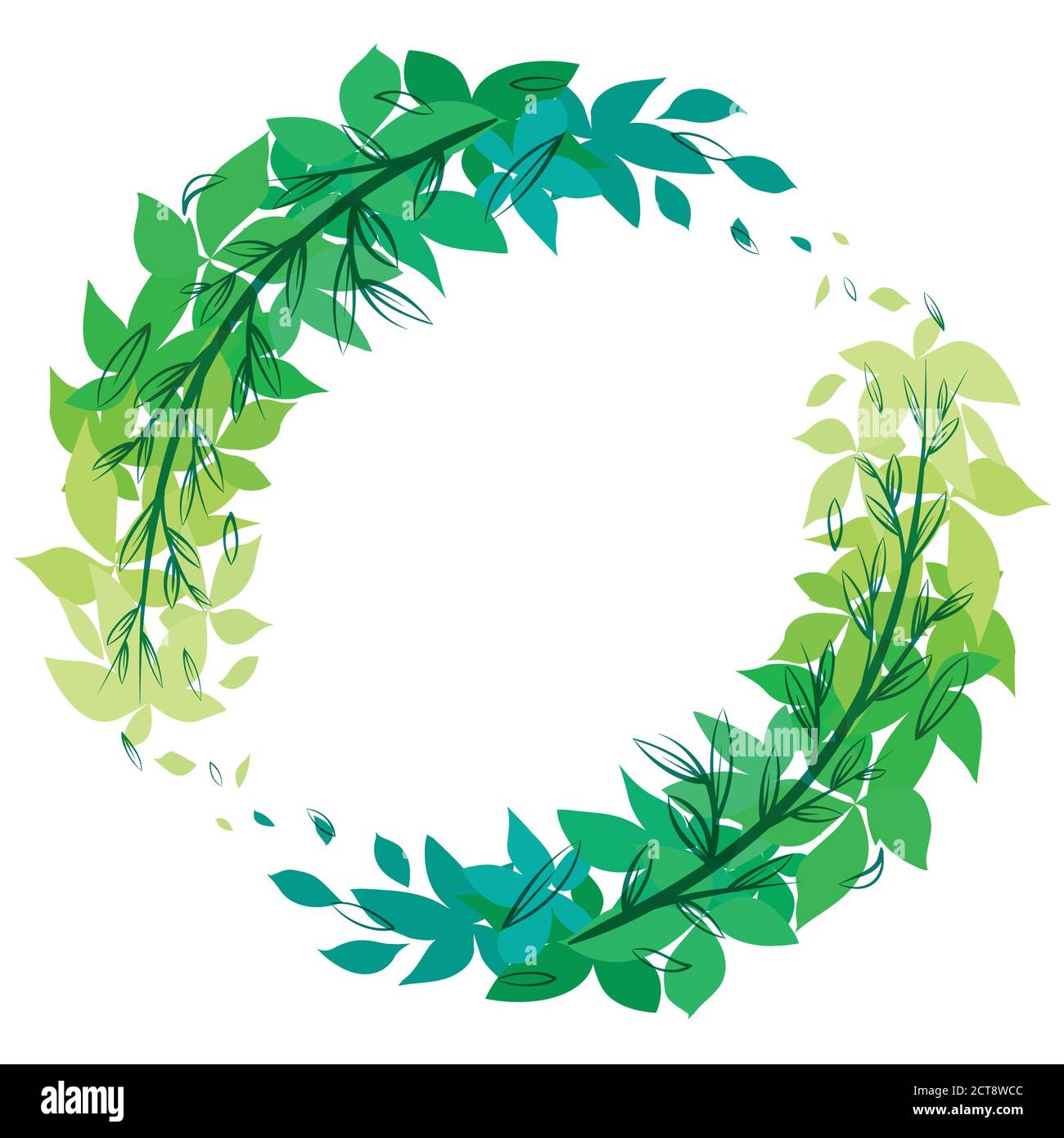 Round green wreath of leaves with doodle branches. The object is ...