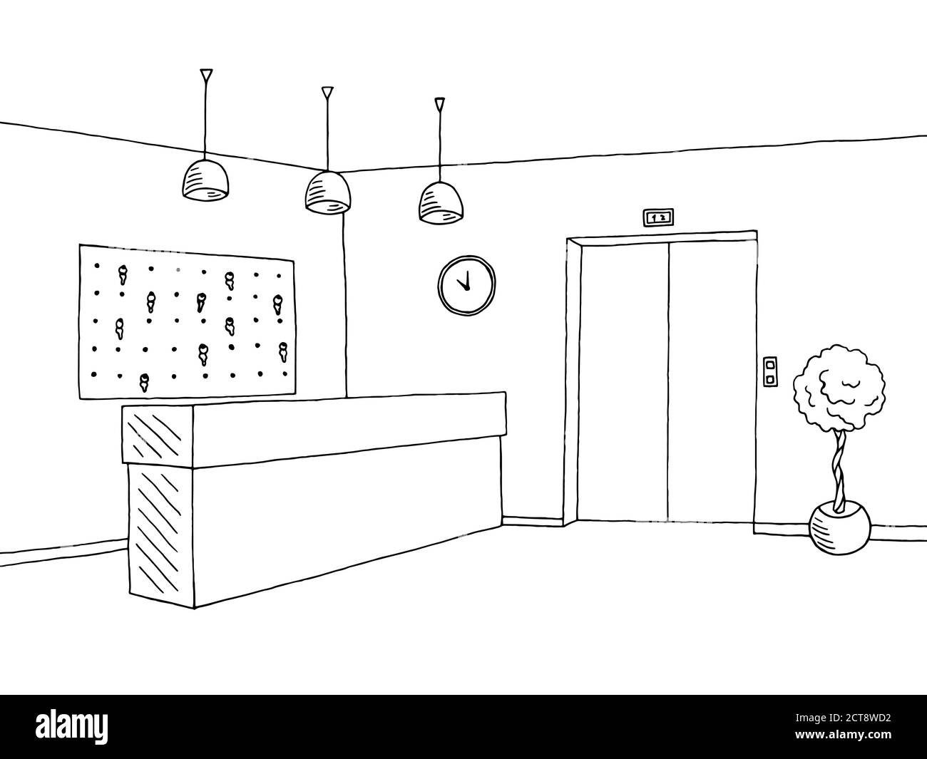 Sketch drawing of a lobby lounge and corridor area,modern design, vector,  2d illustration. 8452653 Vector Art at Vecteezy