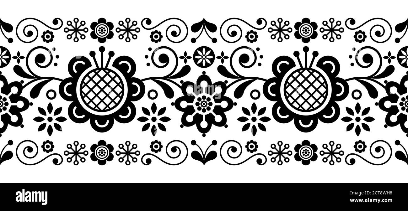 Scandinavian folk art retro vector long pattern, floral ornament in black and white - seamless stripe stripe Stock Vector