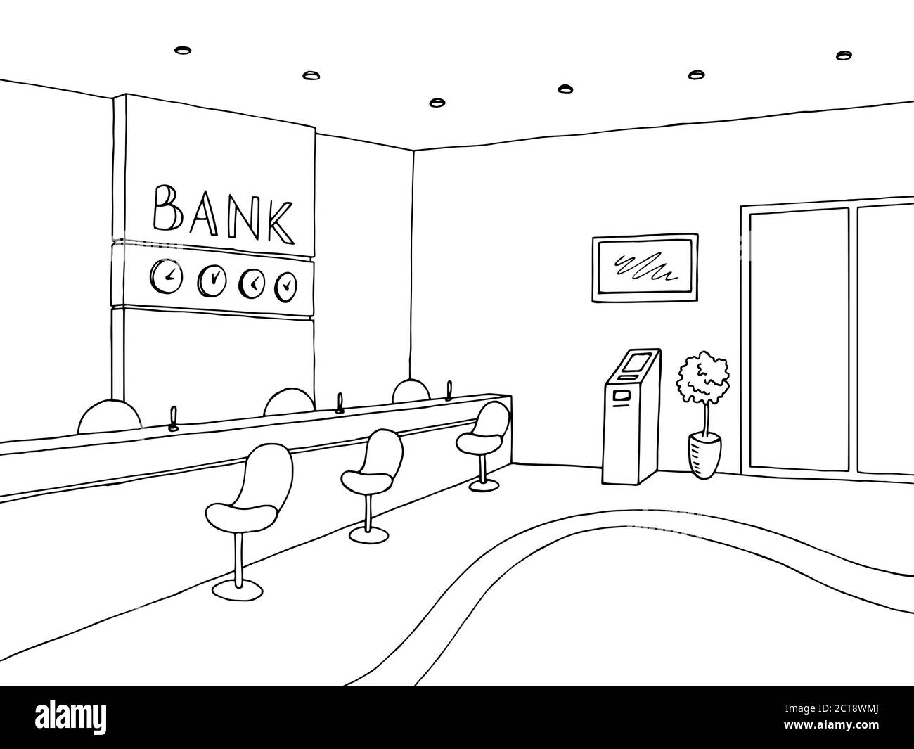 Interior bank graphic art black white sketch illustration vector Stock Vector
