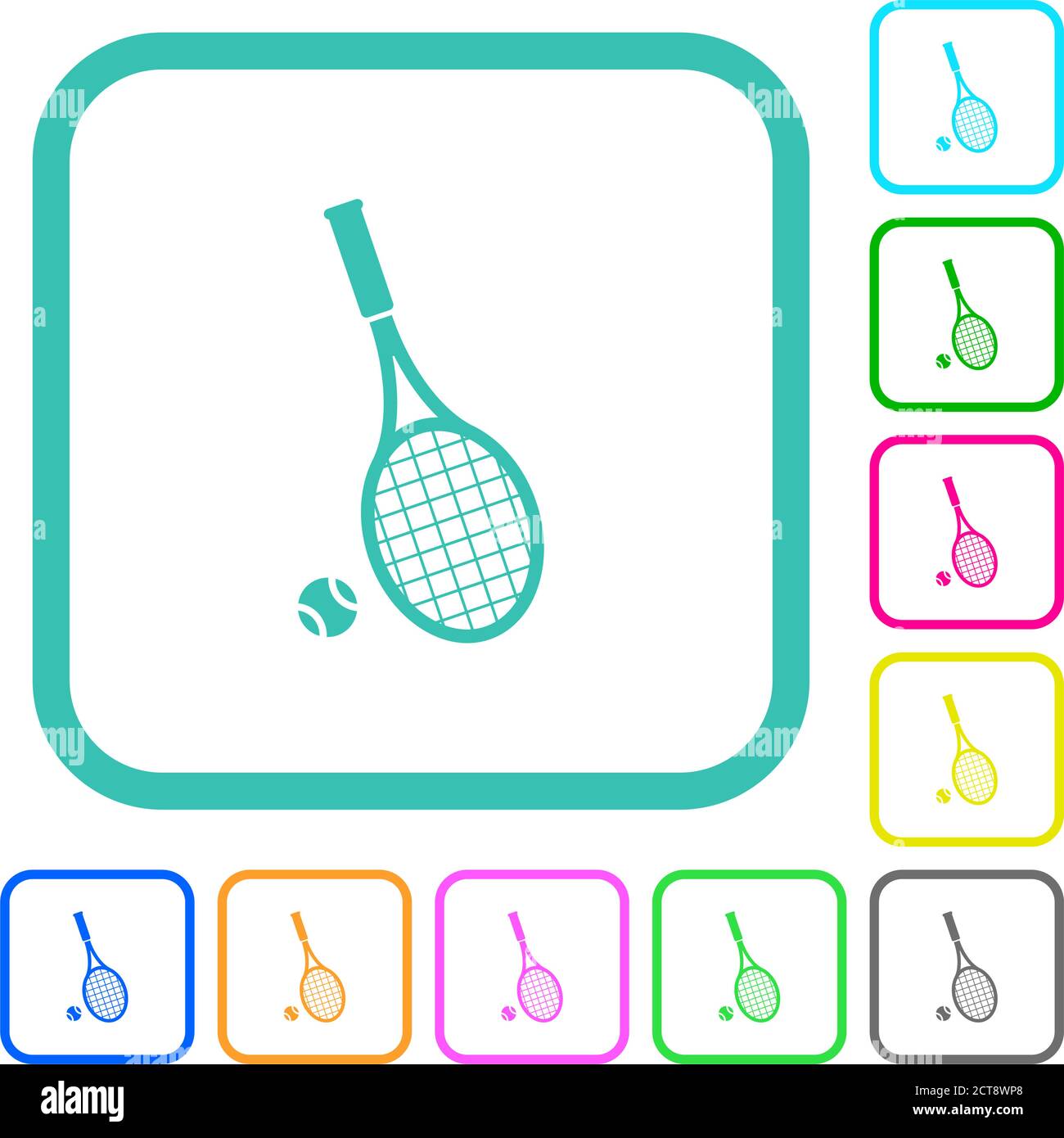 Tennis racket with ball vivid colored flat icons in curved borders on