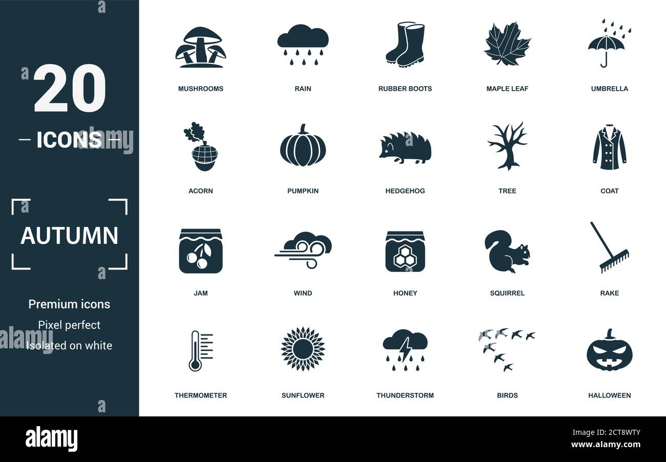 Autumn icon set. Monochrome sign collection with mushrooms, rain ...