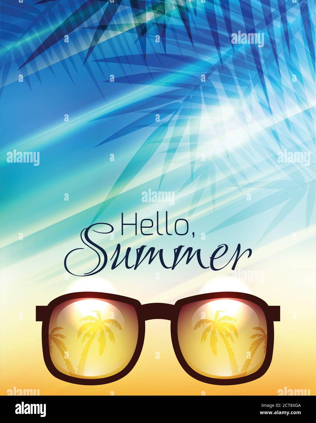 Vector summer poster with sunglasses, palms and calligraphy. Beach background. Stock Vector