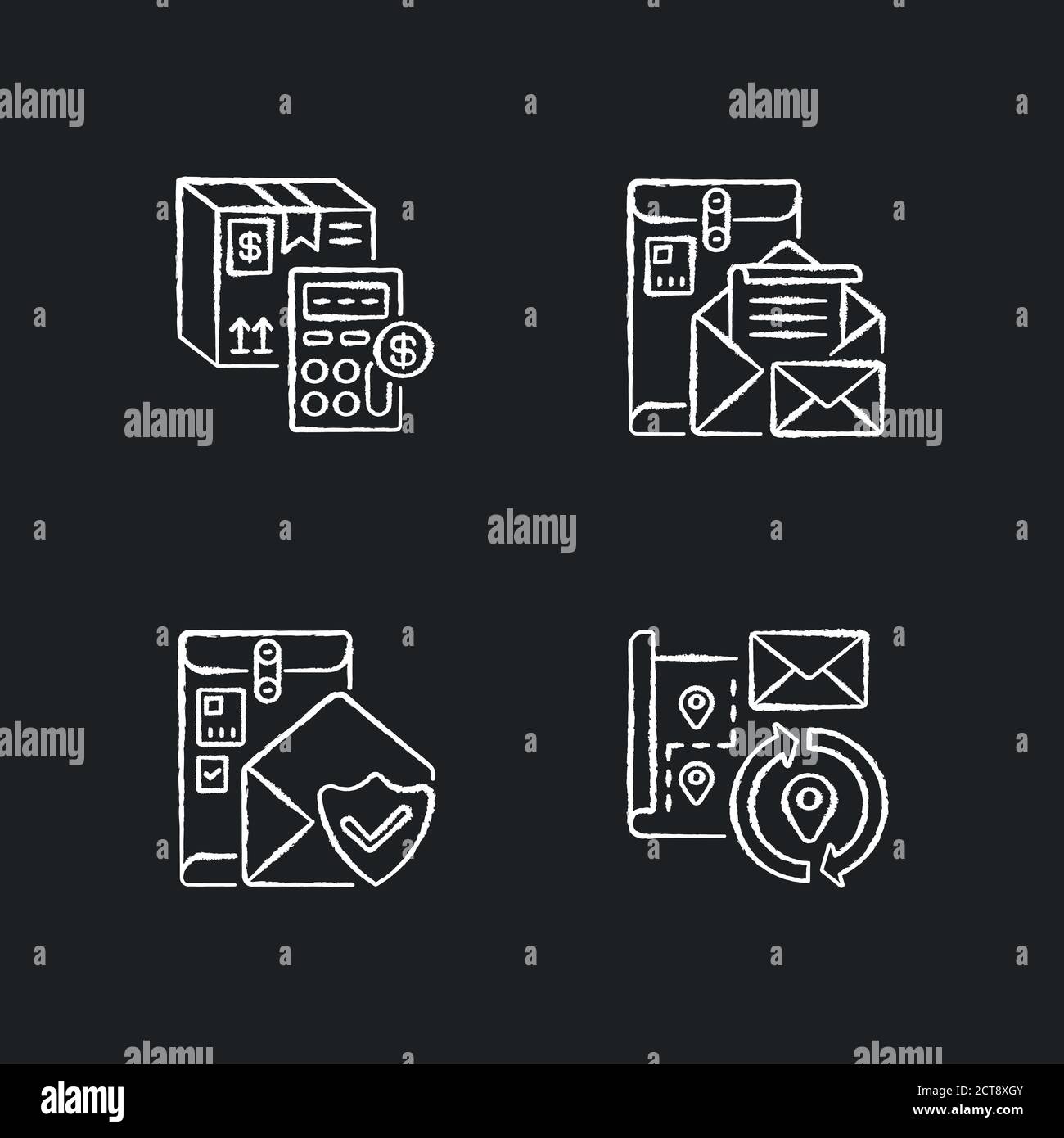 Mail chalk white icons set on black background Stock Vector