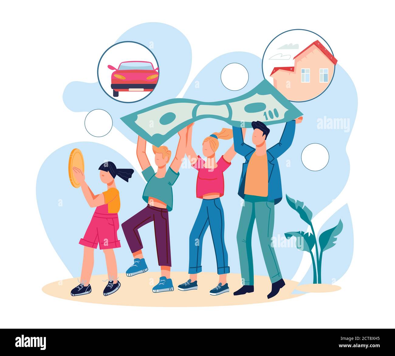 Family savings and money economy with parents and children carrying