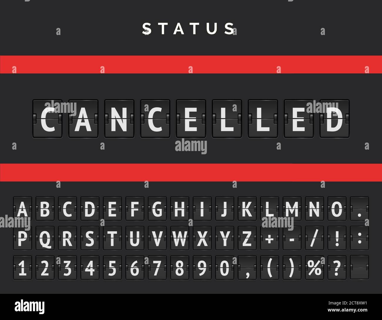 Airport flip scoreboard announcing warning due to cancelled departures because of covid-19. Vector Status board of flights that detained till end of pandemy Stock Vector