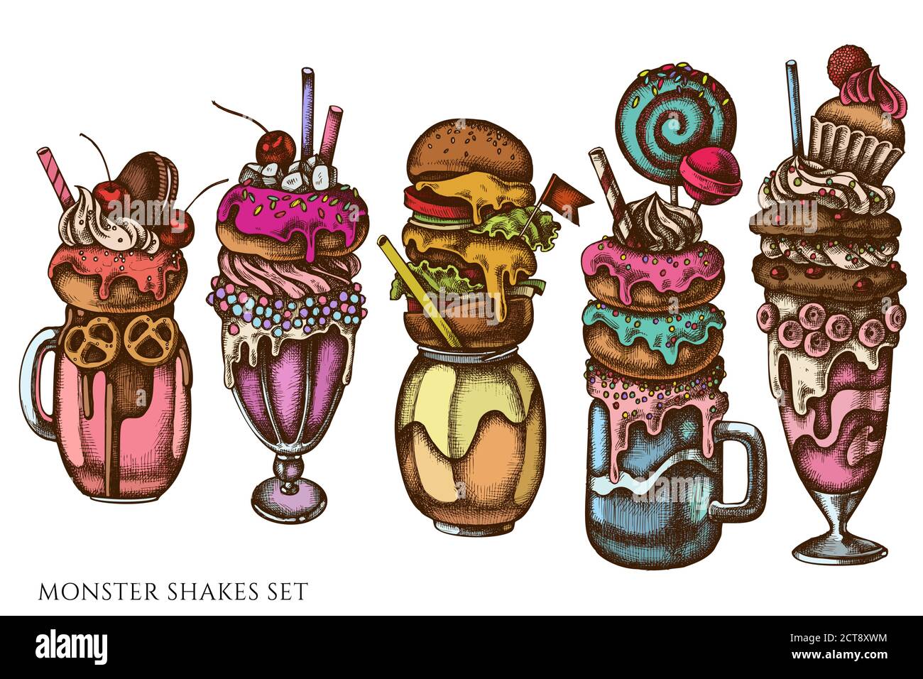 Vector set of hand drawn colored monster shakes, burger monster shake Stock Vector