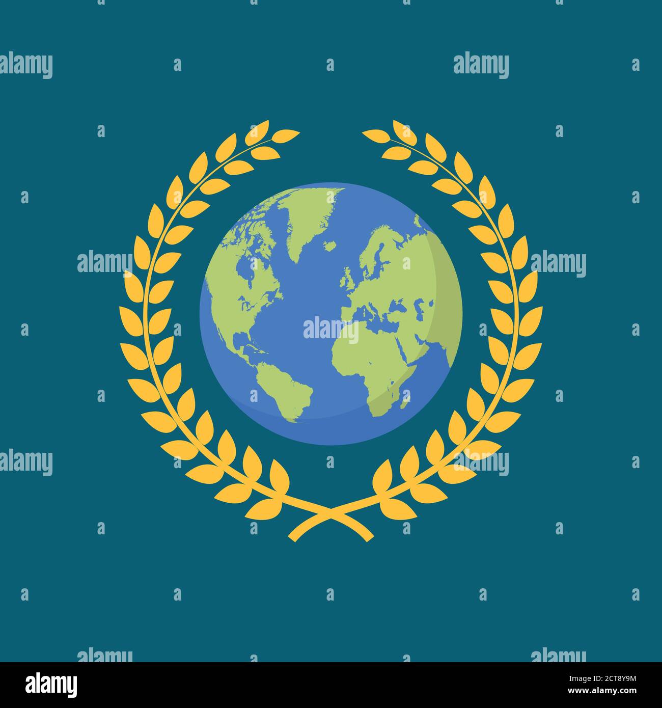 Earth globe with golden wreath logo symbol. Vector illustration Stock Vector