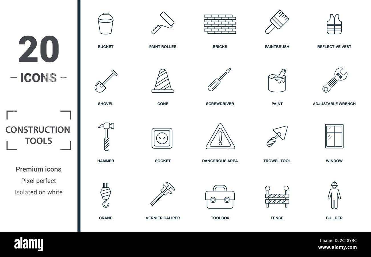 Construction Tools icon set. Monochrome sign collection with bucket ...