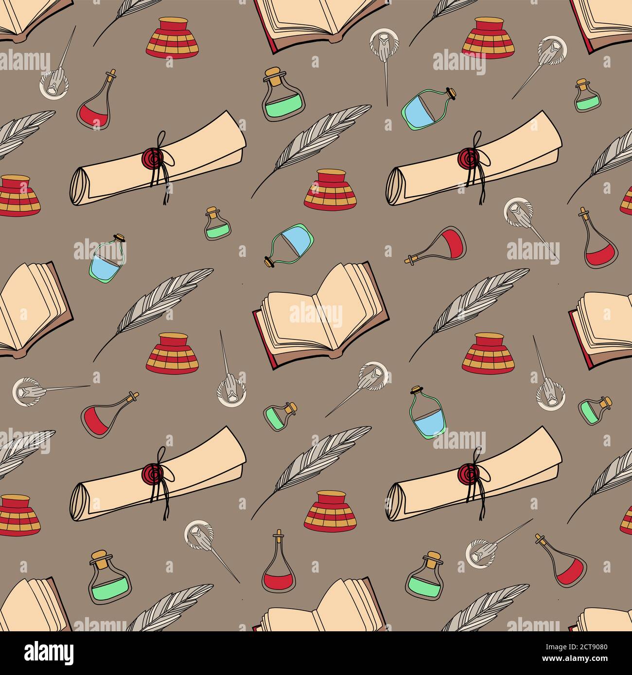 Scroll, papyrus, quill and ink. Old scrolls pattern. Research and scientific activity concept. vector illustration Stock Vector
