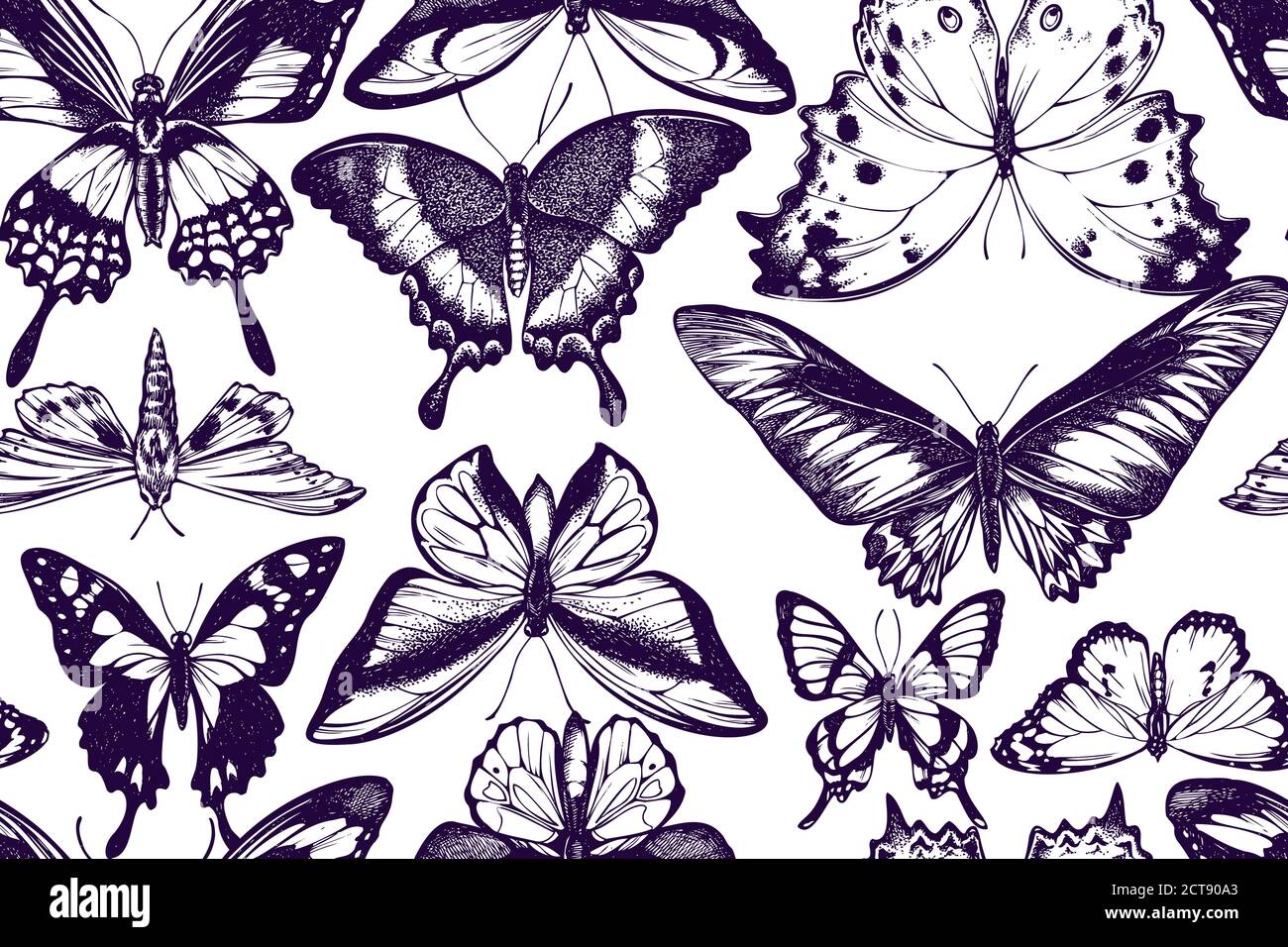 Artistic seamless pattern with wallace s golden birdwing, purple spotted swallowtail, ambulyx moth, forest mother-of-pearl, octauius swordtail Stock Vector