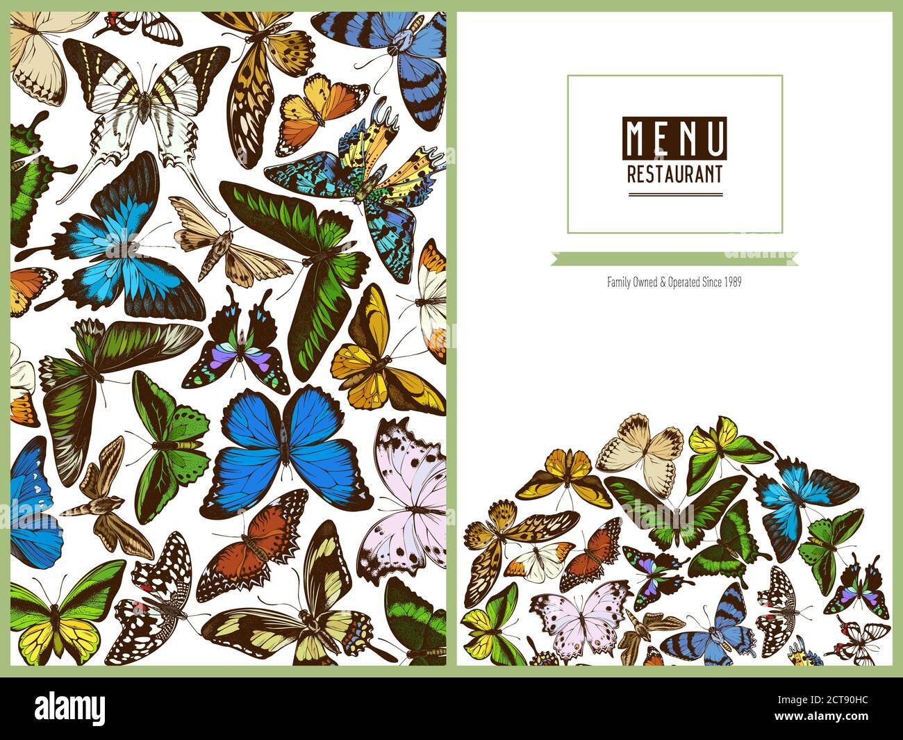 Menu cover design with colored great orange-tip, emerald swallowtail, jungle queens, plain tiger, rajah brooke's birdwing, papilio torquatus Stock Vector